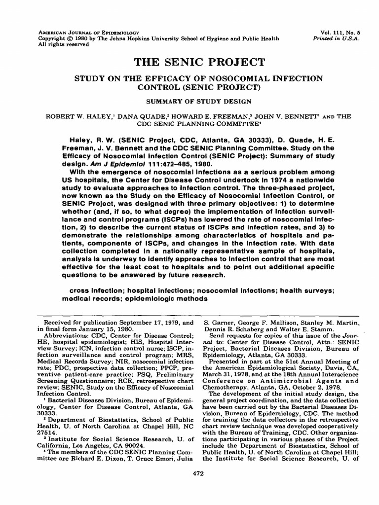 Study on the efficacy of nosocomial infection control senic project