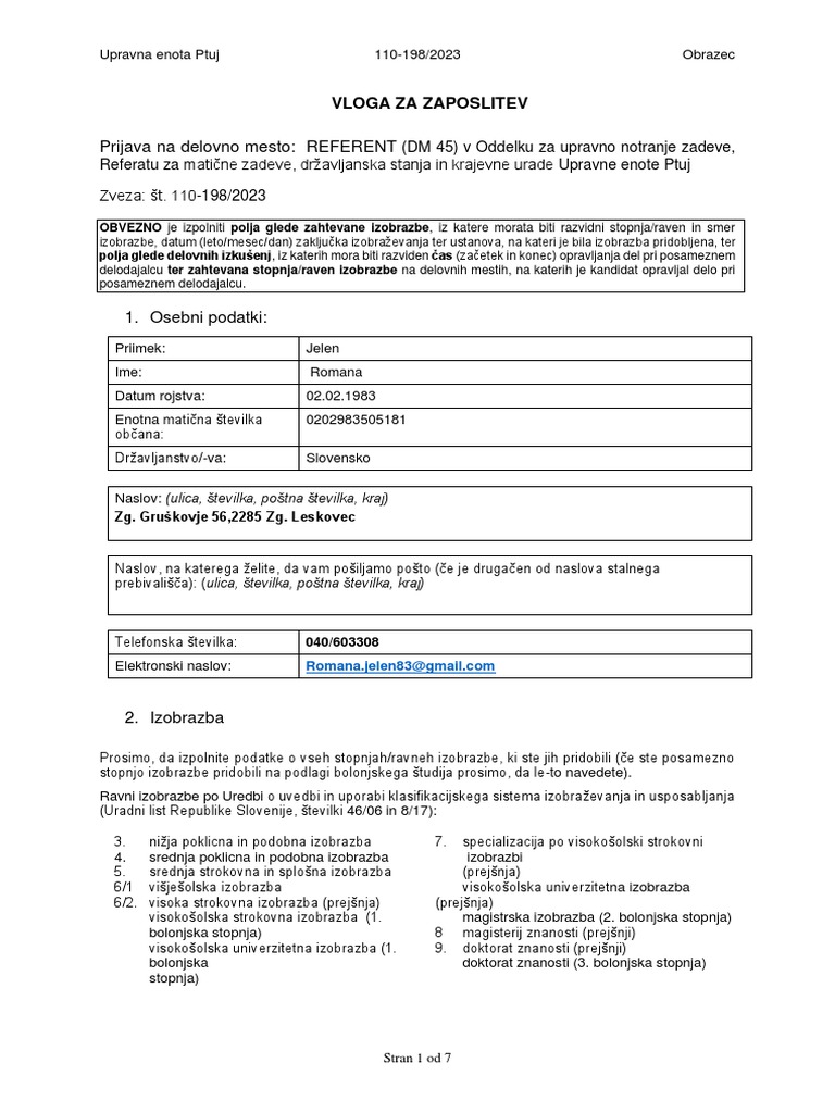 Prijava Na Delovno Mesto: REFERENT: Vloga Za Zaposlitev | PDF