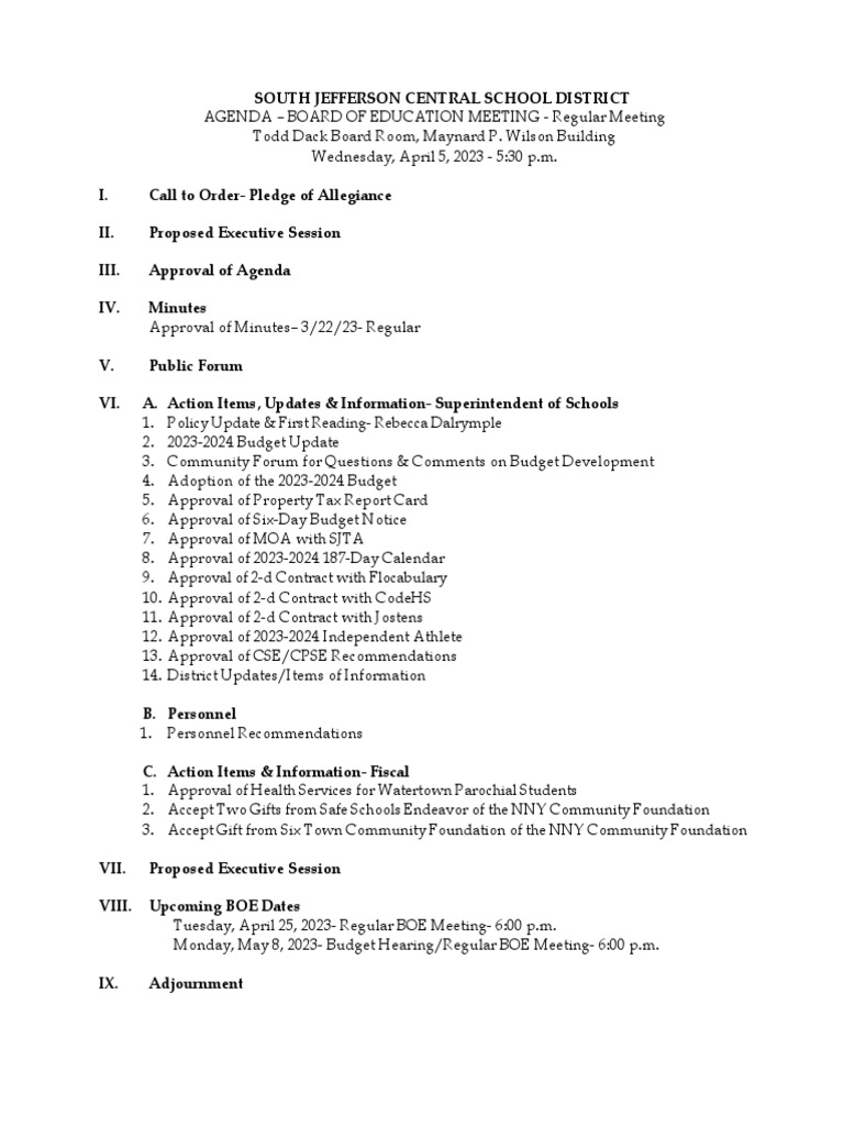 South Jefferson Central School District BOE Agenda April 5, 2023  PDF