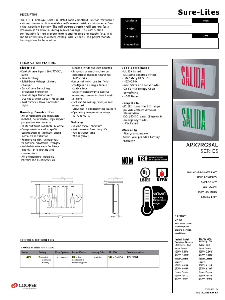 LED Emergency Exit Sign APX7RGSAL | PDF | Battery Charger | Light ...