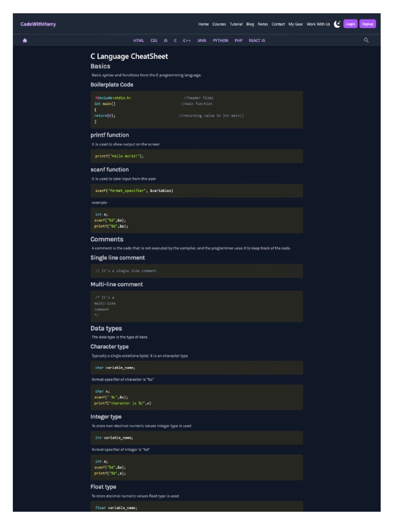 C Cheat Sheet | PDF