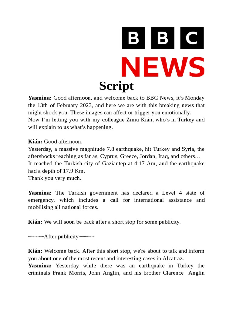 Earthquake news report script