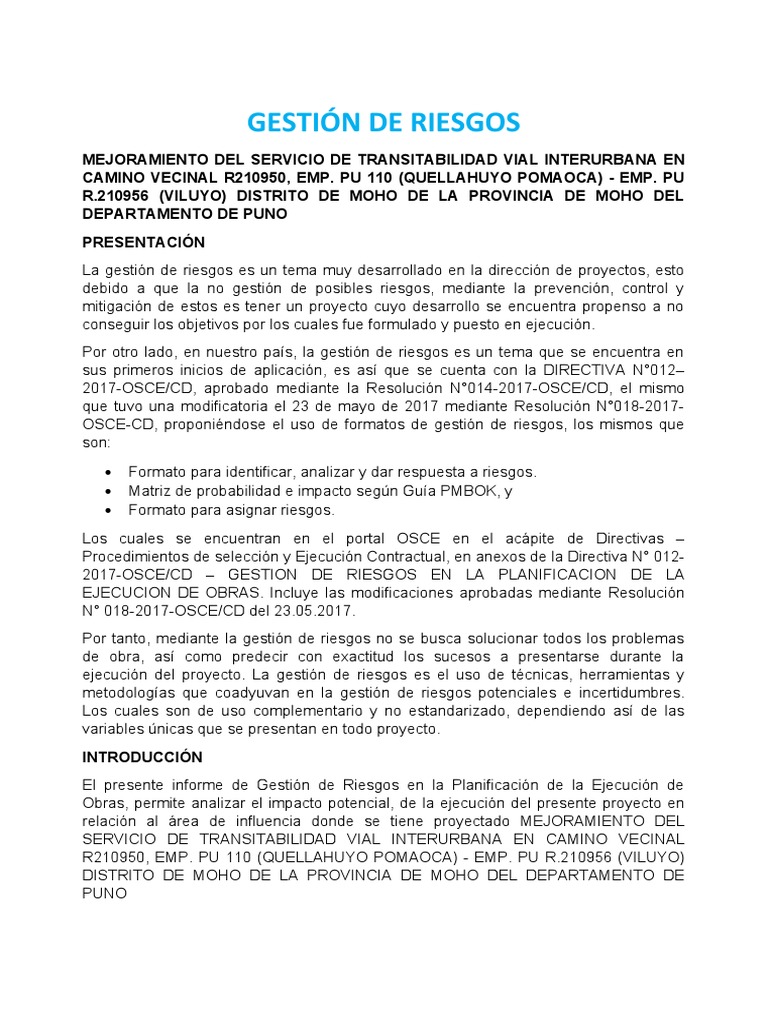 Informe De Gestión De Riesgos En La Planificacion De La Ejecución De