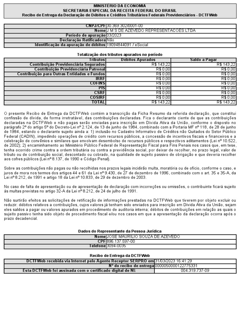 Recibo de entrega da declara o de d bitos e cr ditos tribut rios