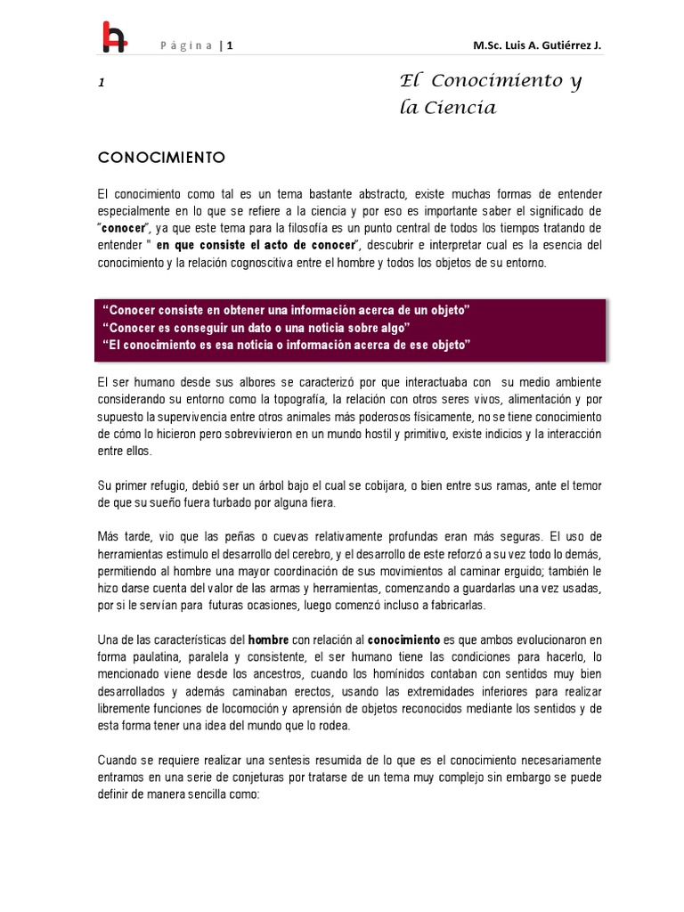 1 El Conocimiento y La Ciencia | PDF | Conocimiento | Método científico
