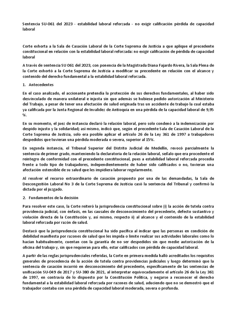 Sentencia SU-061 Del 2023 - Estabilidad Laboral Reforzada - No Exigir