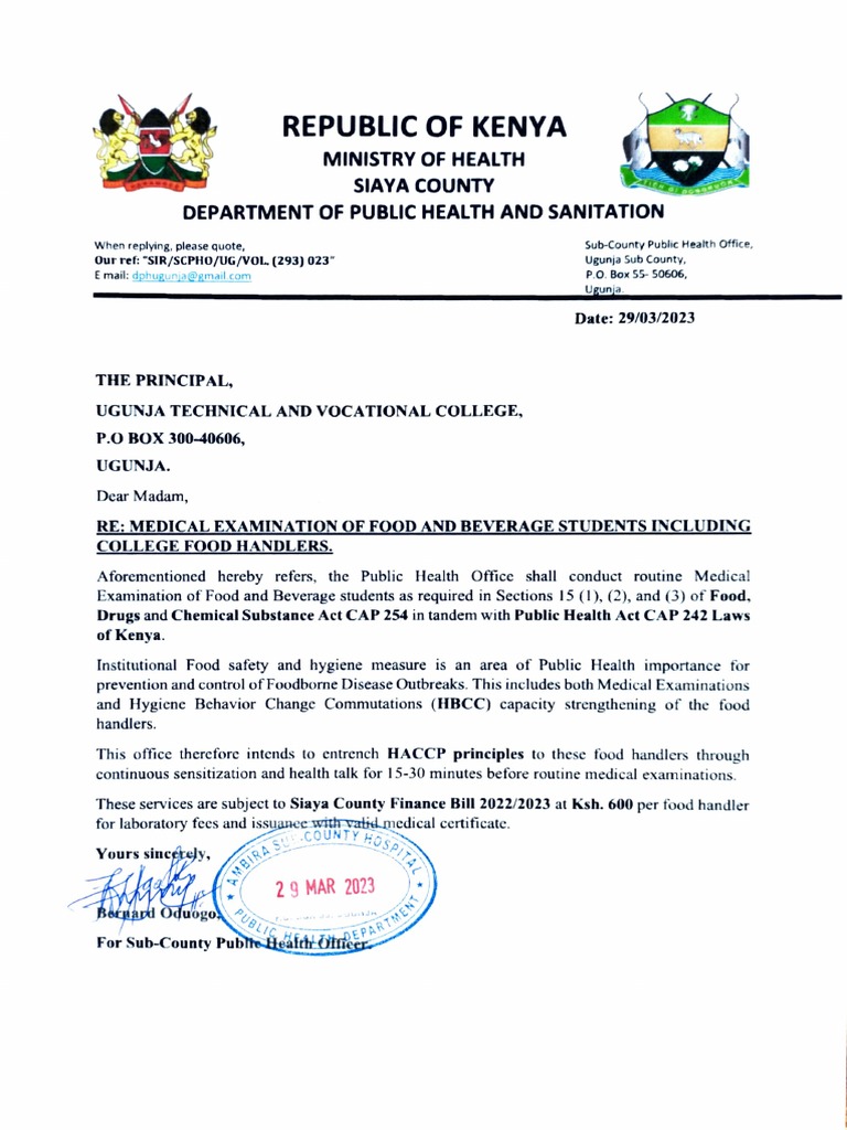 F B and Food Handlers Medical Examination PDF