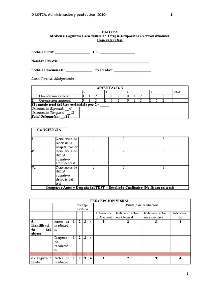 Evaluación D-LOTCA: Puntuación y Administración | PDF