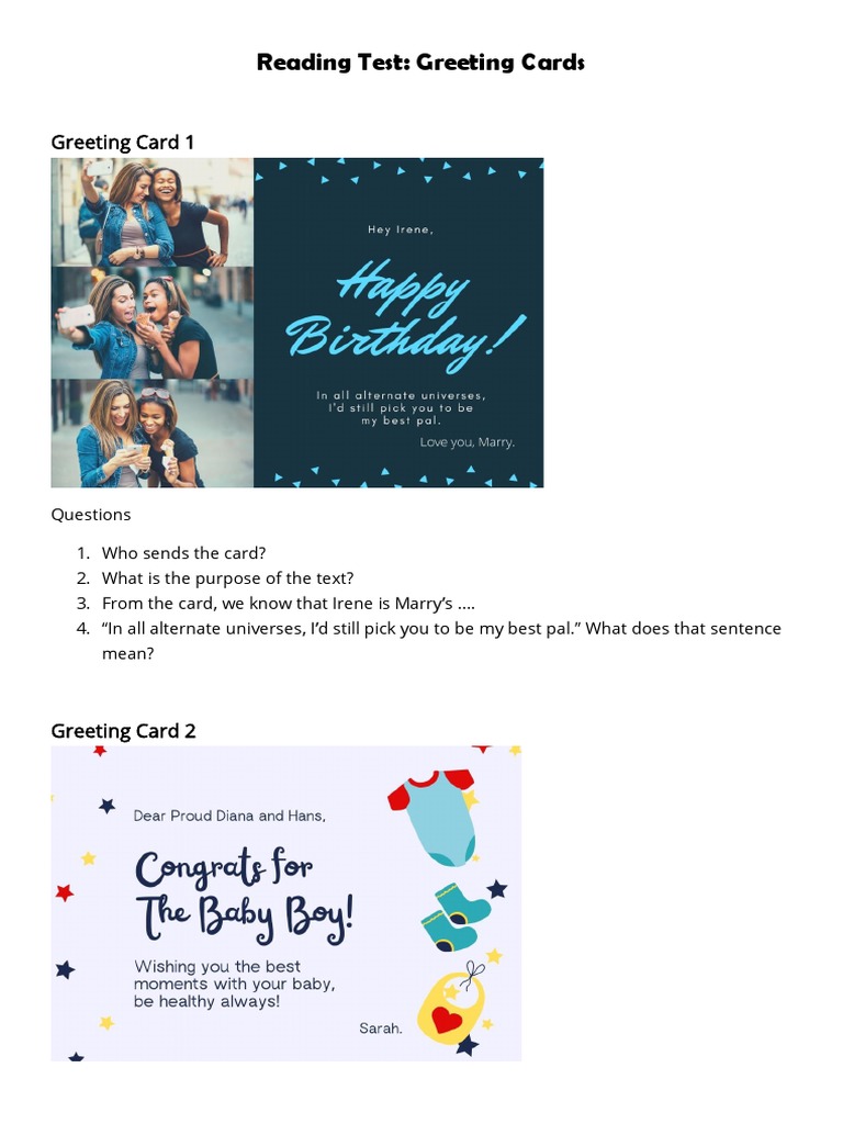Greeting Card Reading Test Questions | PDF | Cooking, Food & Wine ...