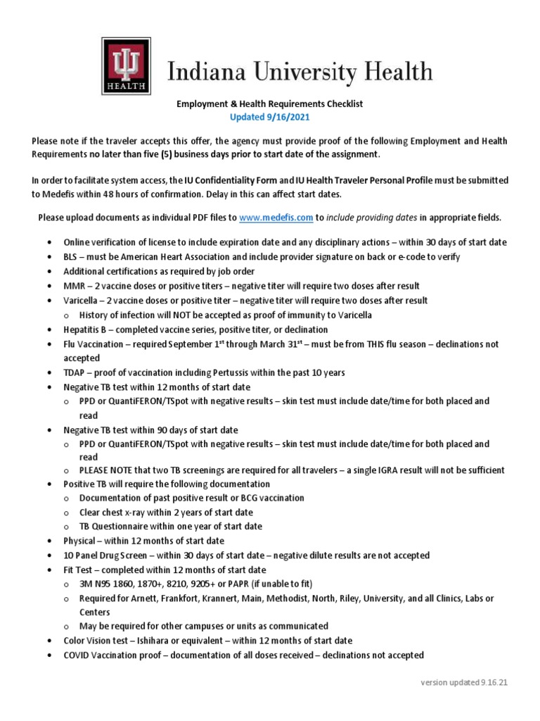 IU Health Compliance Checklist Updated 9.16.2021 PDF Vaccination