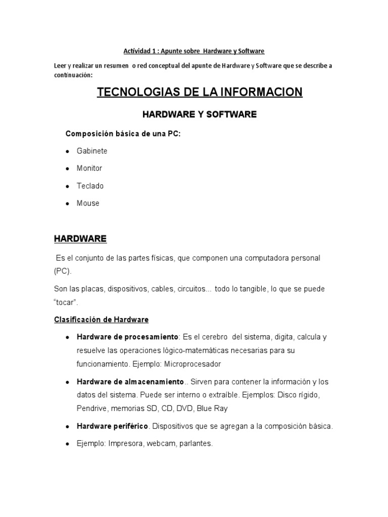 Actividad 1 - Hardware y Software | PDF | Hardware de la computadora ...