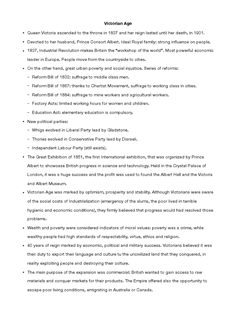 Victorian Age SUMMARY PDF Victorian Era Queen Victoria