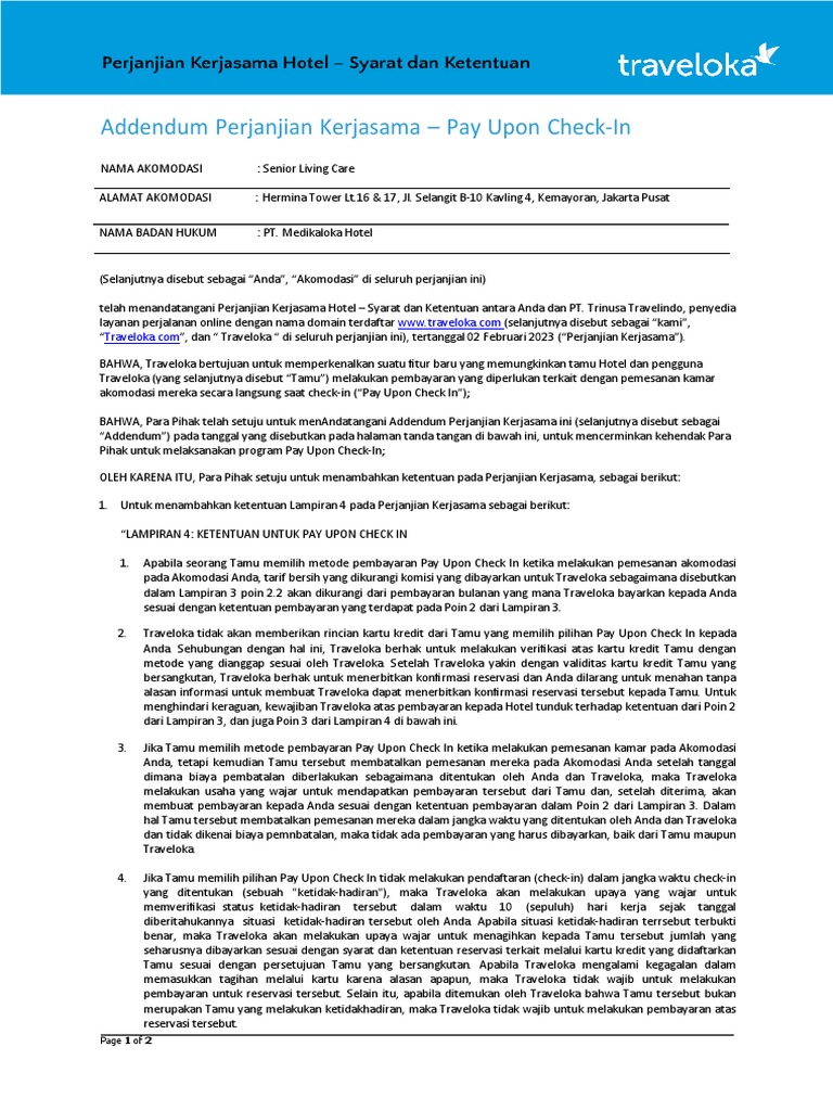 Addendum Kerjasama Pay Upon Check-In | PDF