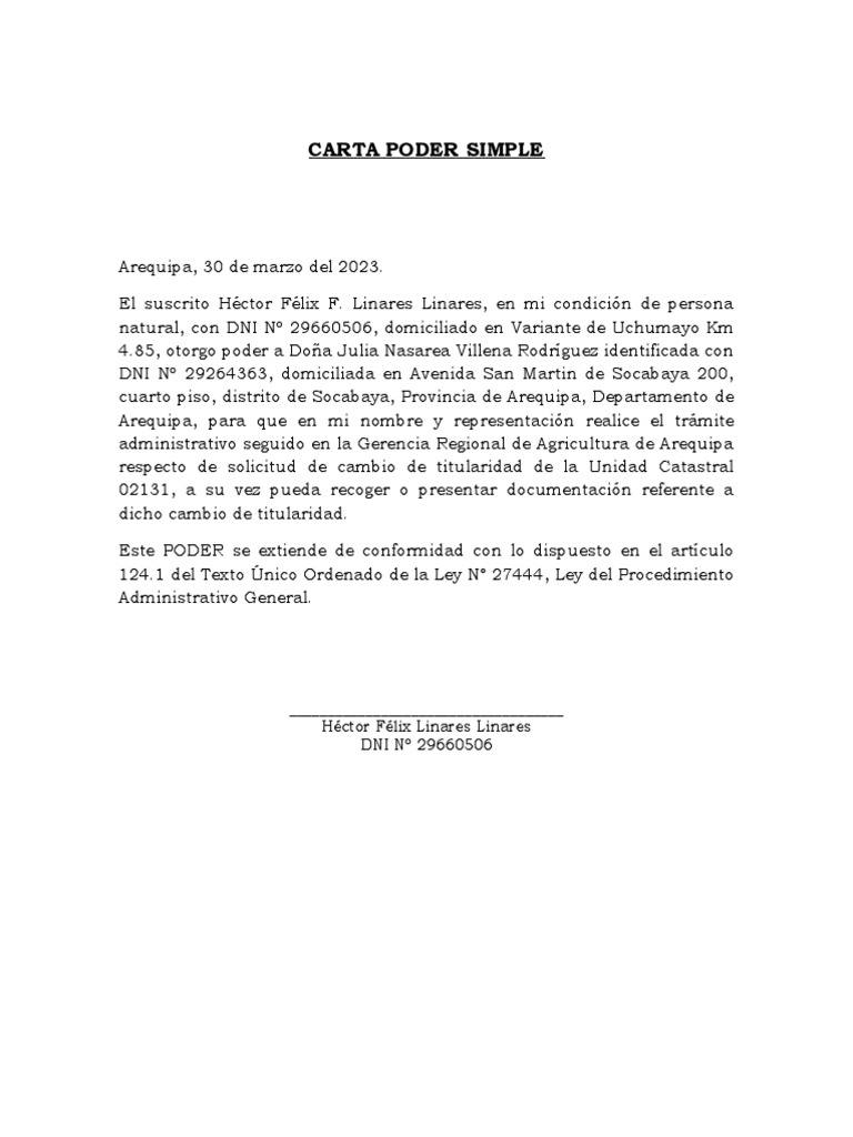 Ejemplo de Carta Poder Simple | PDF