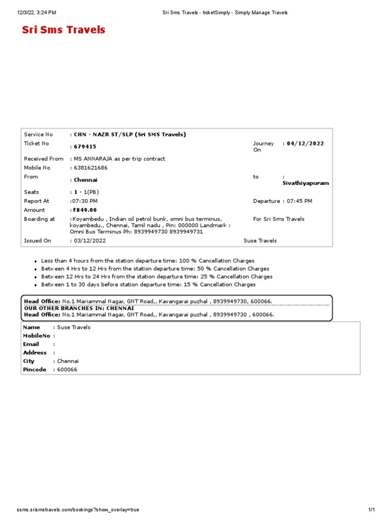 Sri SMS Travels Ticket Details | PDF