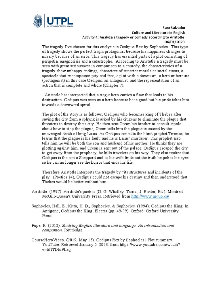 Oedipus Rex by Sophocles Aristotle Analysis PDF Sophocles Tragedy