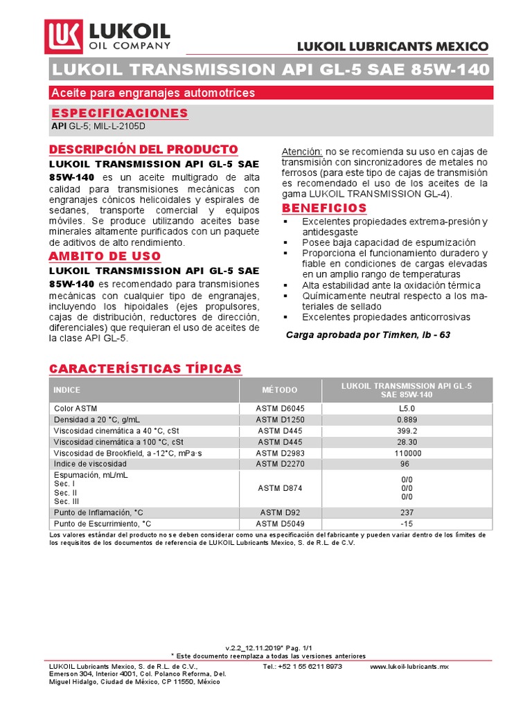 Tds Lukoil Transmission Api gl-5 Sae 85w-140 v.2.2 Esp | PDF ...