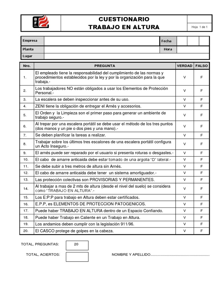Cuestionario Trabajo en Altura ZENI | PDF