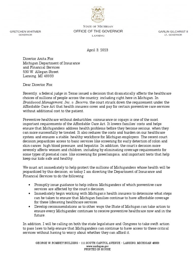 Aca letter 4 3 23 pdf preventive healthcare health care