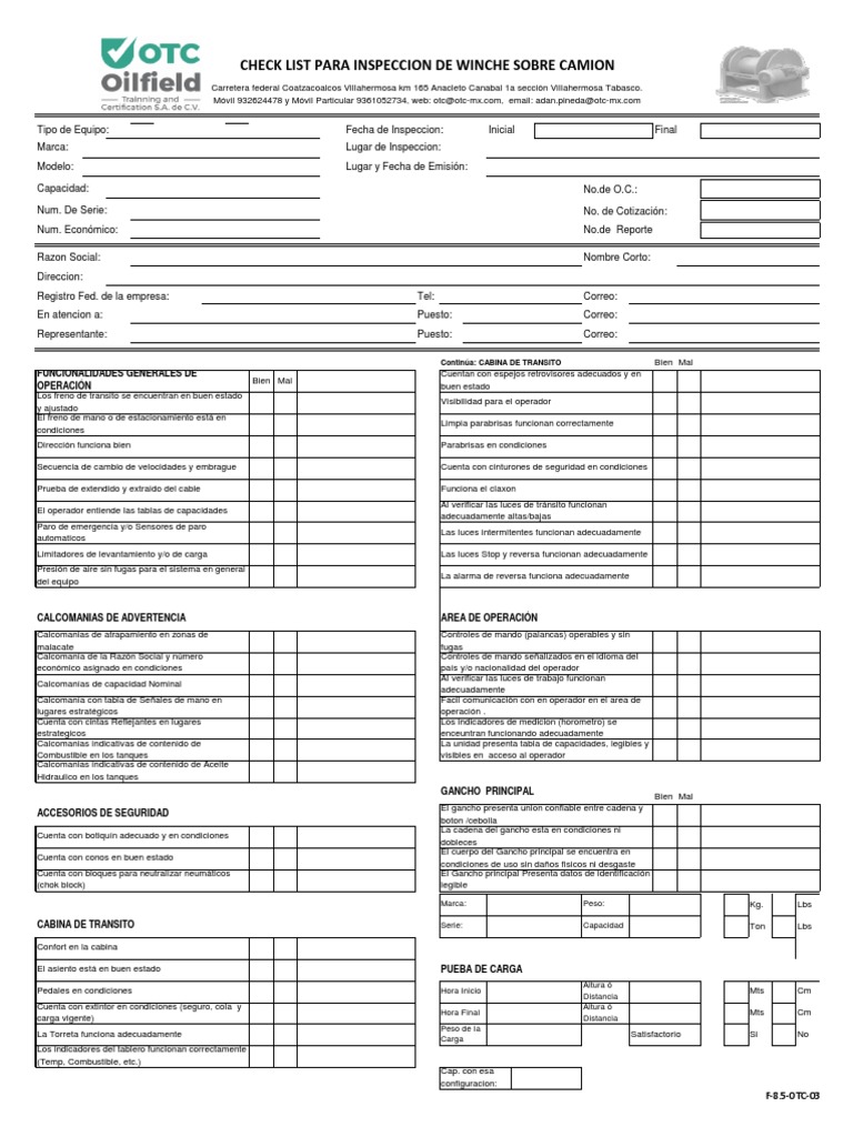 Inspección de Winche sobre Camión: Checklist Completo | PDF | Coche ...