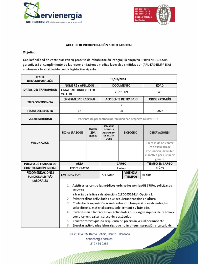 Acta de Reincorporación Laboral | PDF | Medicina CLINICA | Medicina