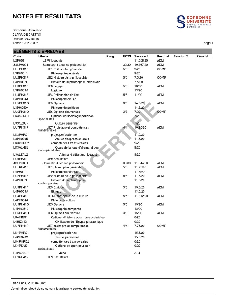 Relevé de Notes L2 | PDF