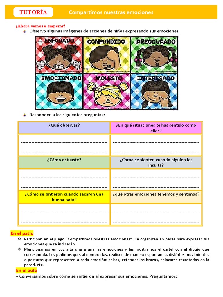 E1 A1 FICHA TUT. Compartimos Nuestras Emociones | PDF | Las emociones ...