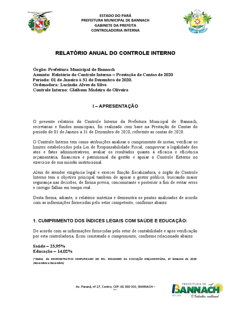 Relatório Anual Do Controle Interno | PDF | Orçamento | Contabilidade