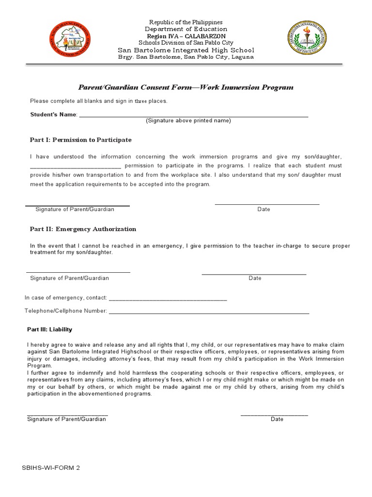 Work Immersion Parental Consent Form | PDF | Social Institutions | Justice