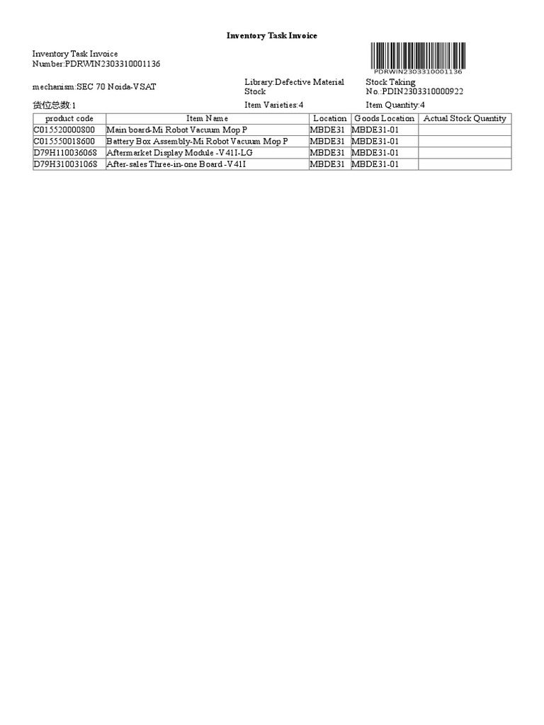 Inventory Task Invoice - Defective Material - MAr | PDF