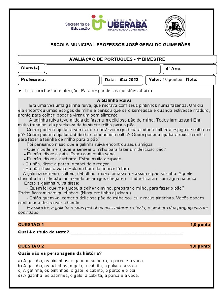 Avaliação de Português 4º Ano | PDF | Milho
