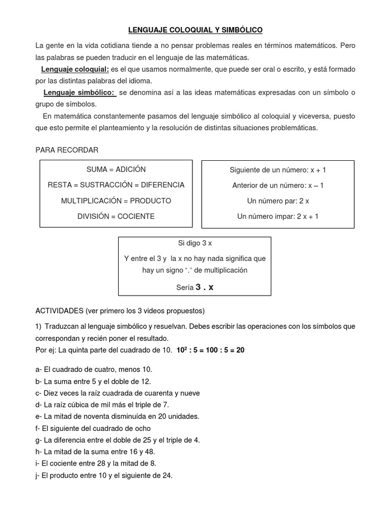 Ejercicios de Lenguaje Coloquial y Simbólico | PDF | Los símbolos ...