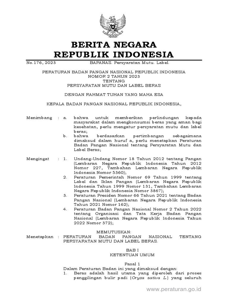 Perbadan 2 Tahun 2023 - Persyaratan Mutu Dan Label Beras - BN 176-2023