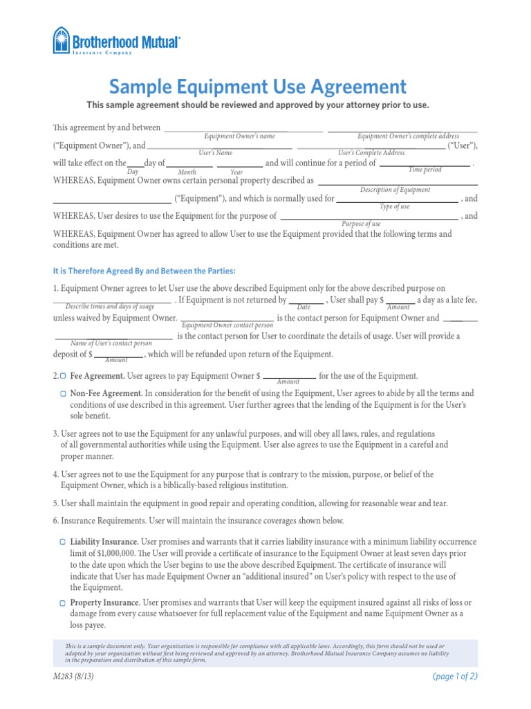 M283 Sample Equipment Use Agreement Download Free PDF Insurance