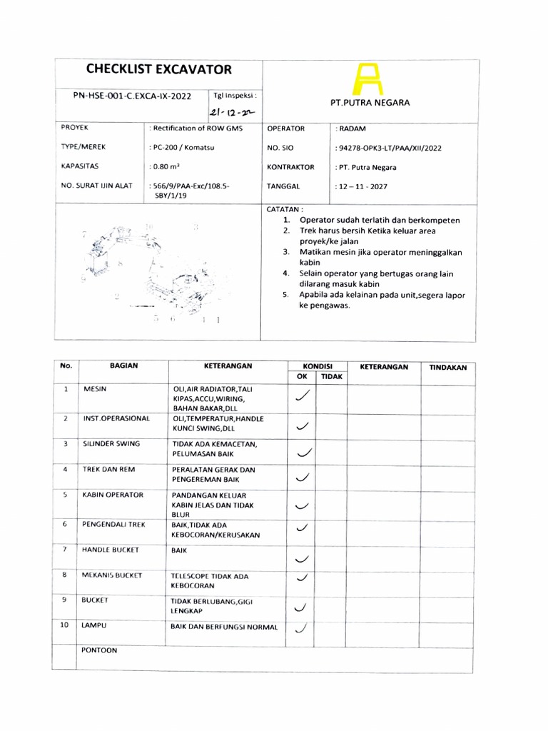 Checklist Inspeksi Excavator Komatsu | PDF | Teknologi & Rekayasa