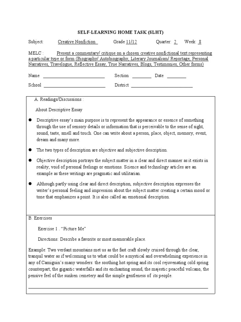 Creative Nonfiction 8 PDF Creative Nonfiction