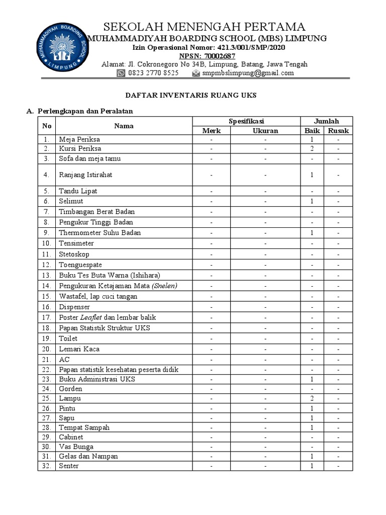 Daftar Inventaris UKS Sekolah MBS | PDF
