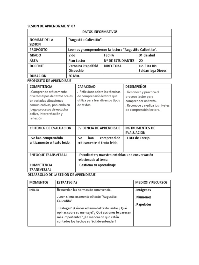 Modelo de Sesion de Aprendizaje Plan Lector | PDF | Comprensión lectora ...