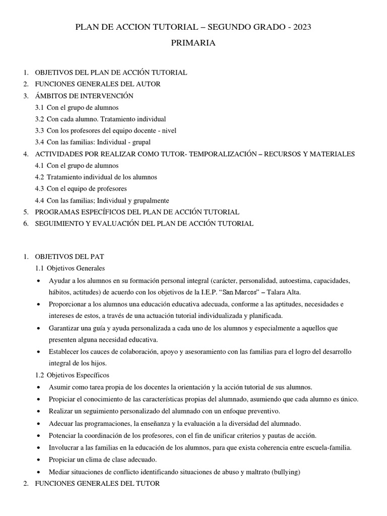 Plan de Acción Tutorial Segundo Grado 2023 | PDF | Evaluación | Salón ...