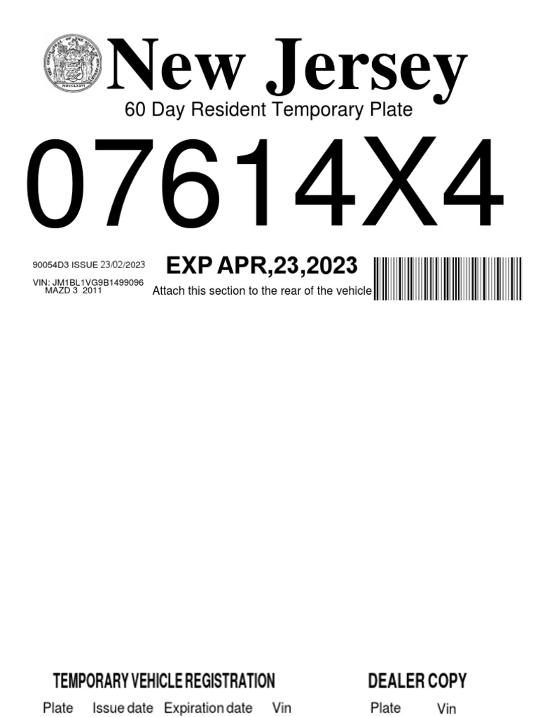 NJ 60-Day Temporary License Plate Details | PDF