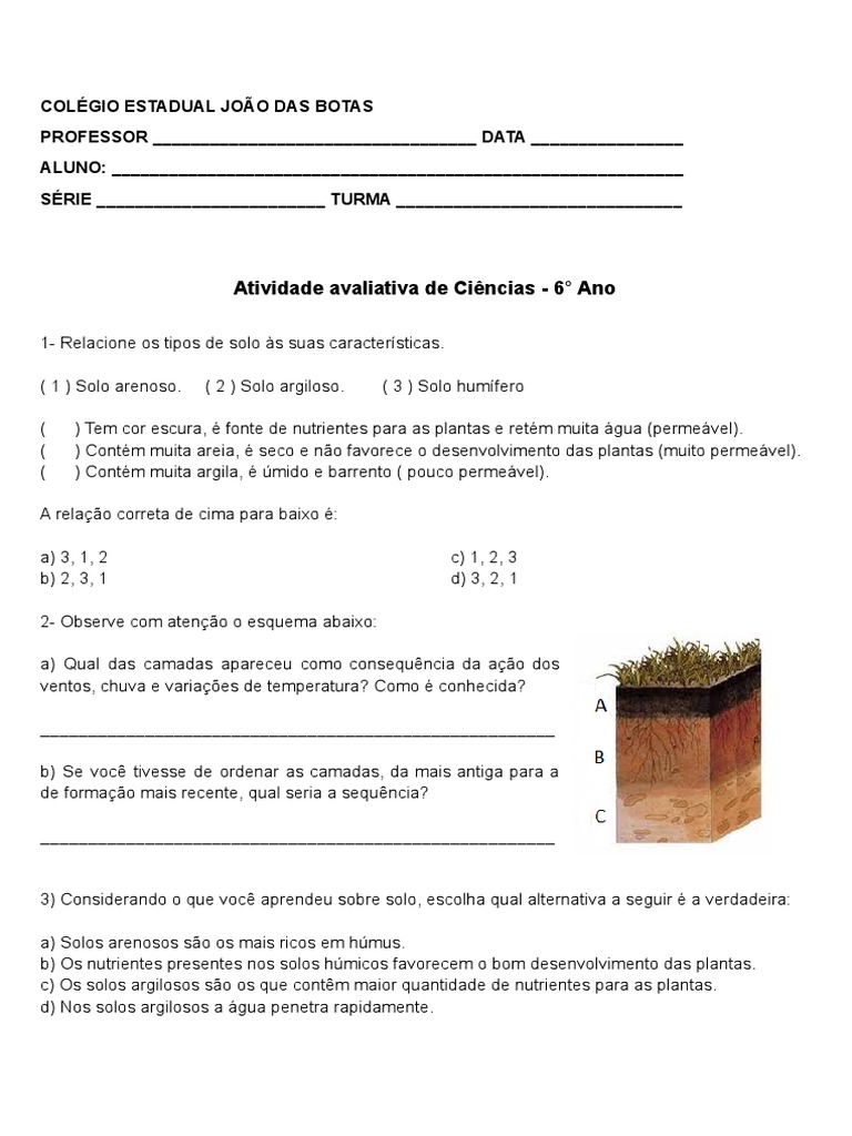 Atividade sobre Tipos de Solo - 6º Ano | PDF | Solo | Erosão