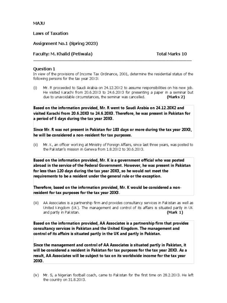 Maju laws of taxation assignment no 1 spring 2023 faculty m khalid