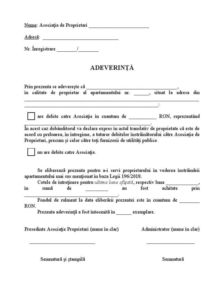 Model Adeverinta Vanzare Apartament Lege 196 Din 2018 PDF