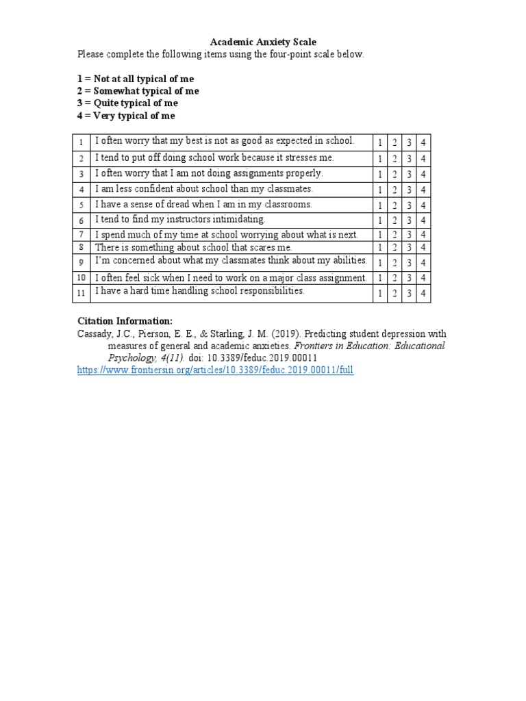 Academic Anxiety Scale Questionnaire | PDF