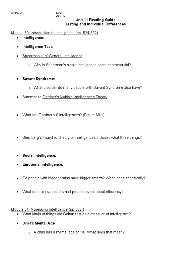 Unit 11 Intelligence Reading Guide Pdf Intelligence Quotient