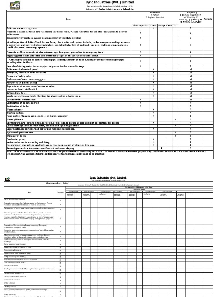 Boiler Maintenance Log Sheet PDF Boiler Valve