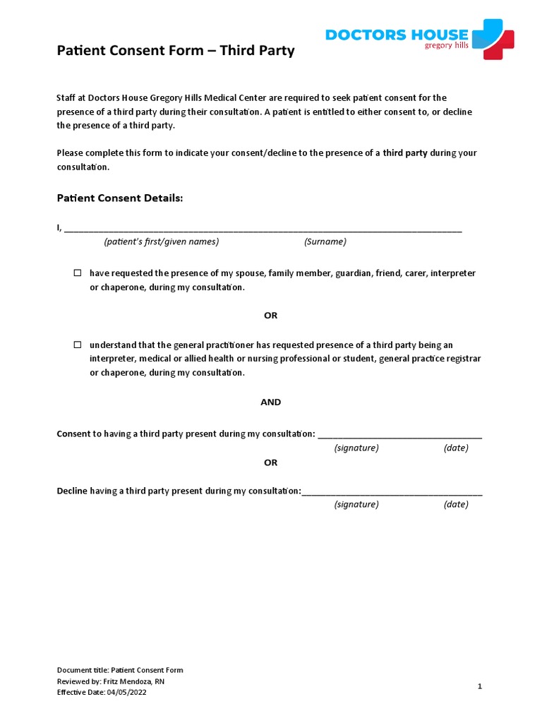 Patient Consent Form - Third Party | PDF | Politics | Law