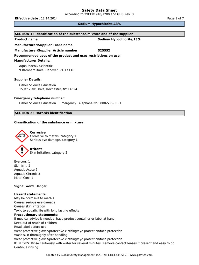 Sodium Hypochlorite 13 Pdf Firefighting Dangerous Goods