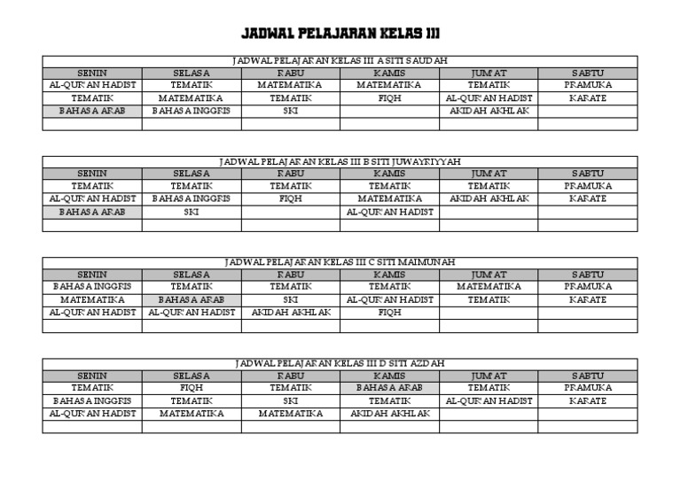 Jadwal Pelajaran Kelas Iii | PDF
