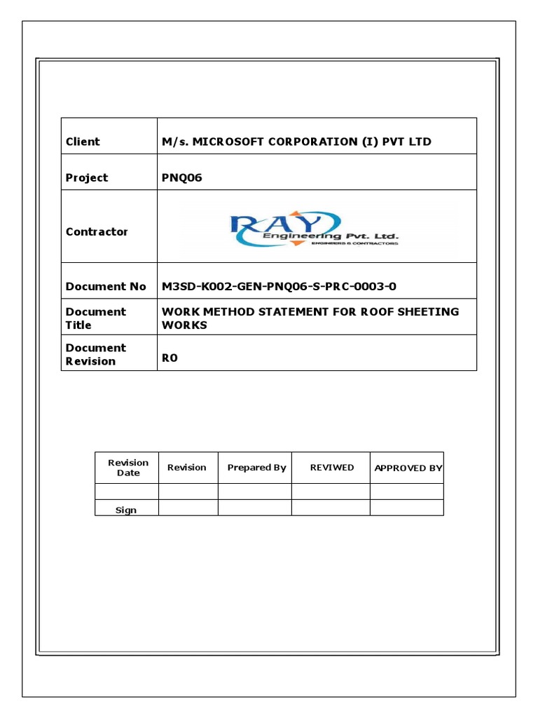 Work Method Statement For Roof Sheeting Works | PDF | Crane (Machine ...
